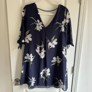 Women’s Navy Flutter Sleeve Dress with Floral detailing